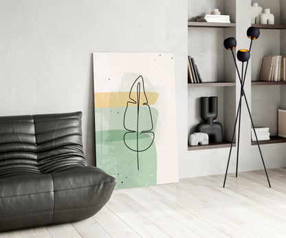 Line Art Leaf Sage Yellow Glass Wall Art