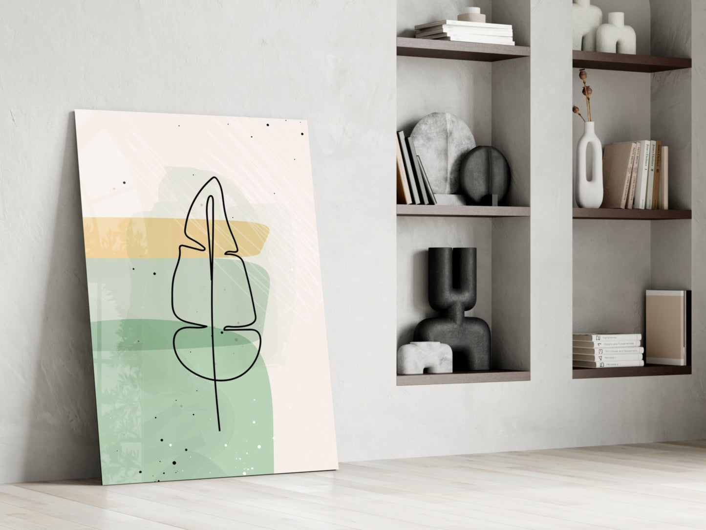 Line Art Leaf Sage Yellow Glass Wall Art