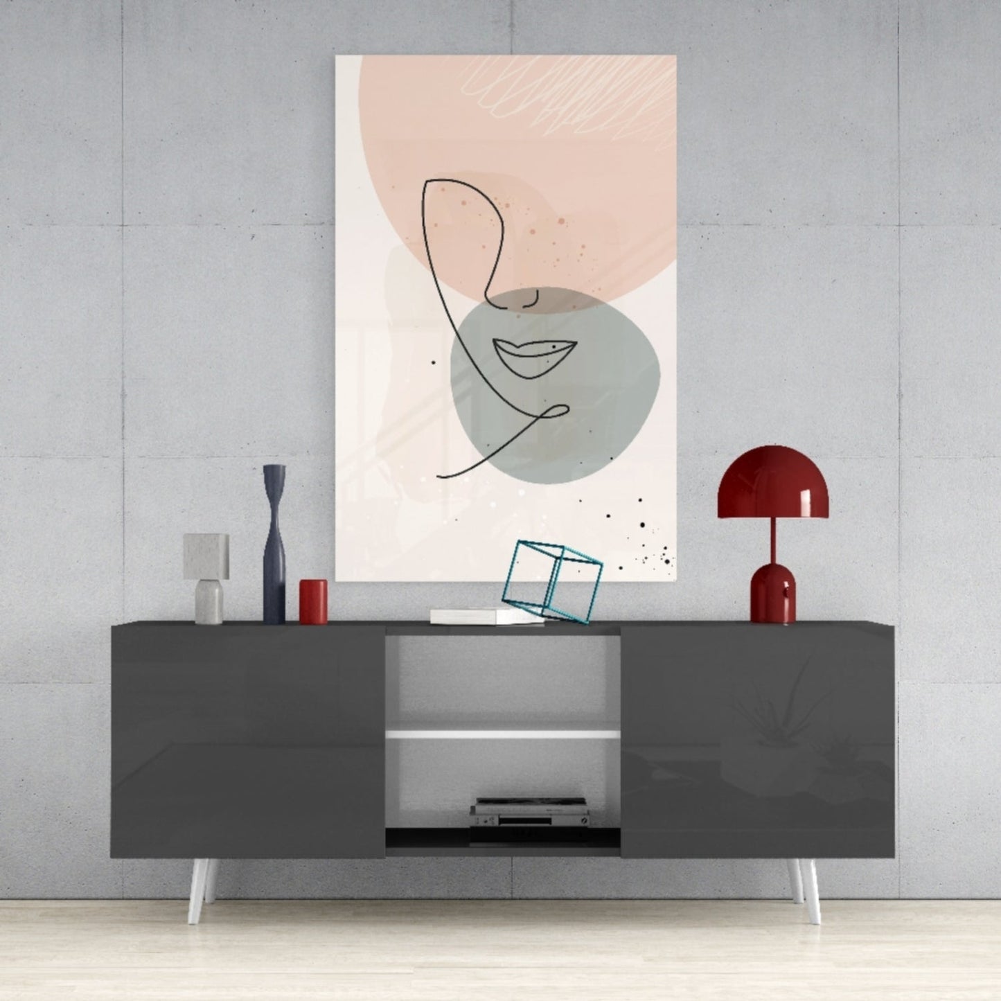 Blush Grey Circle Line Face Glass Wall Art