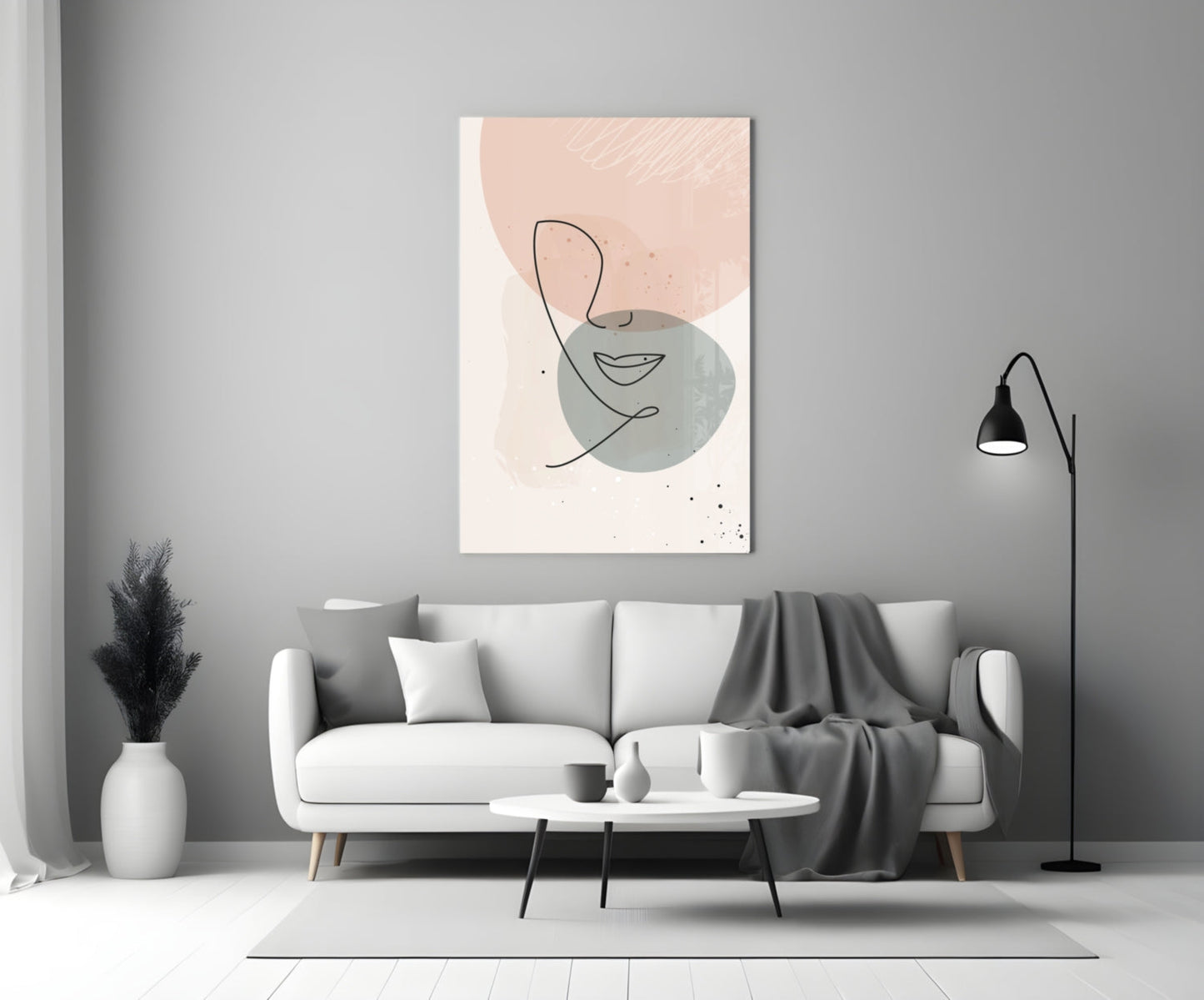 Blush Grey Circle Line Face Glass Wall Art