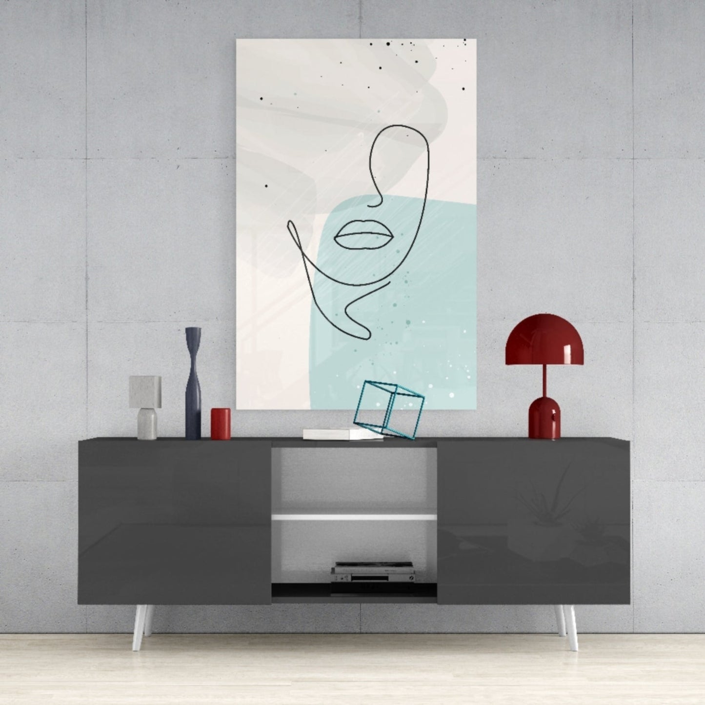 Mint Grey Line Face With Lips Glass Wall Art