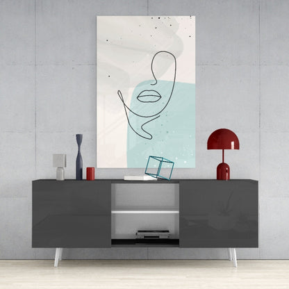 Mint Grey Line Face With Lips Glass Wall Art