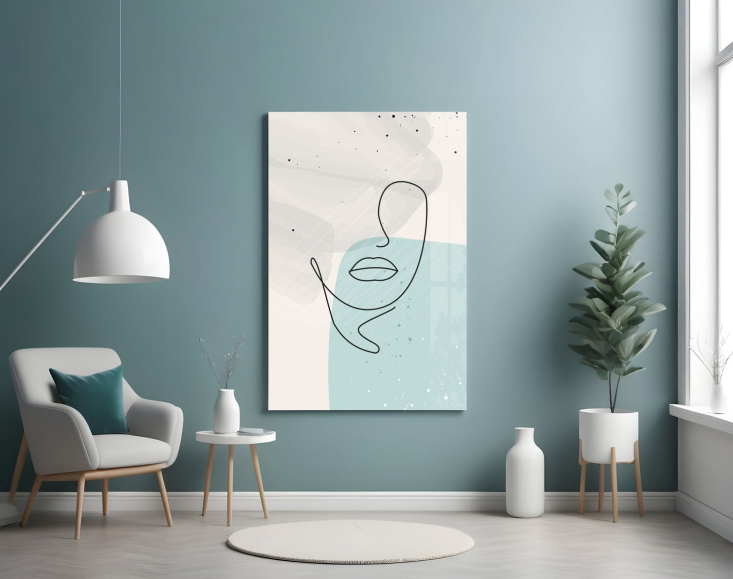 Mint Grey Line Face With Lips Glass Wall Art