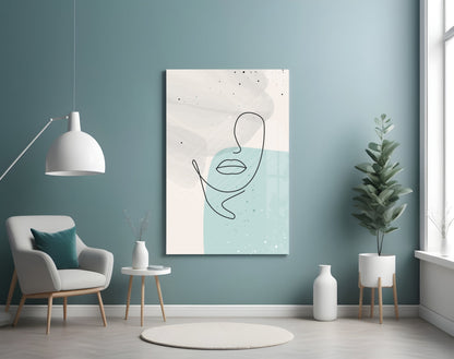 Mint Grey Line Face With Lips Glass Wall Art