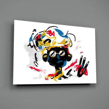Abstract portrait glass wall art with colorful geometric shapes in blue, red, yellow, and black on white background.