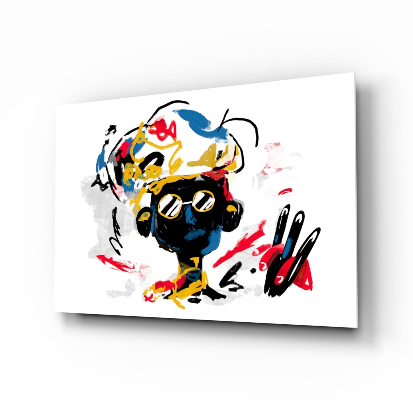 Abstract glass wall art featuring a colorful figure with black face, yellow and red accents, blue elements, and gestural black brushstrokes on white background.
