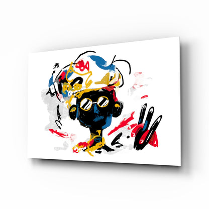 Abstract glass wall art featuring a colorful figure with black face, yellow and red accents, blue elements, and gestural black brushstrokes on white background.