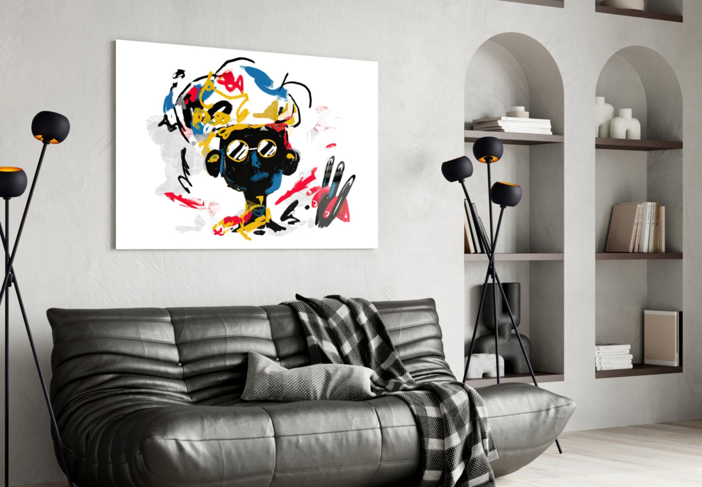 Colorful abstract portrait with yellow, red, and blue brushstrokes hangs above black leather sofa in modern living room.