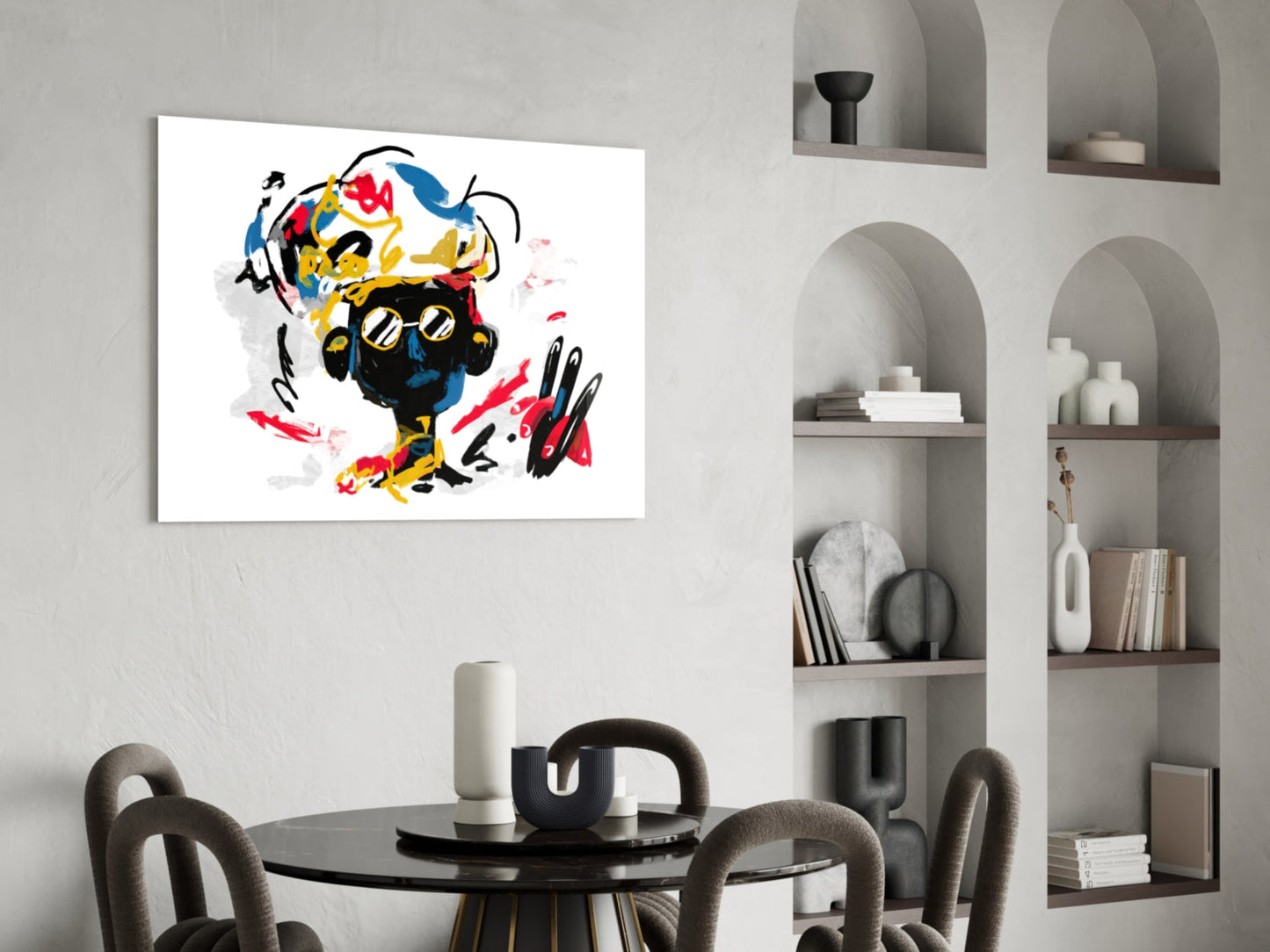 Colorful abstract glass wall art with black figure, yellow, red and blue streaks displayed above black round dining table in modern interior.