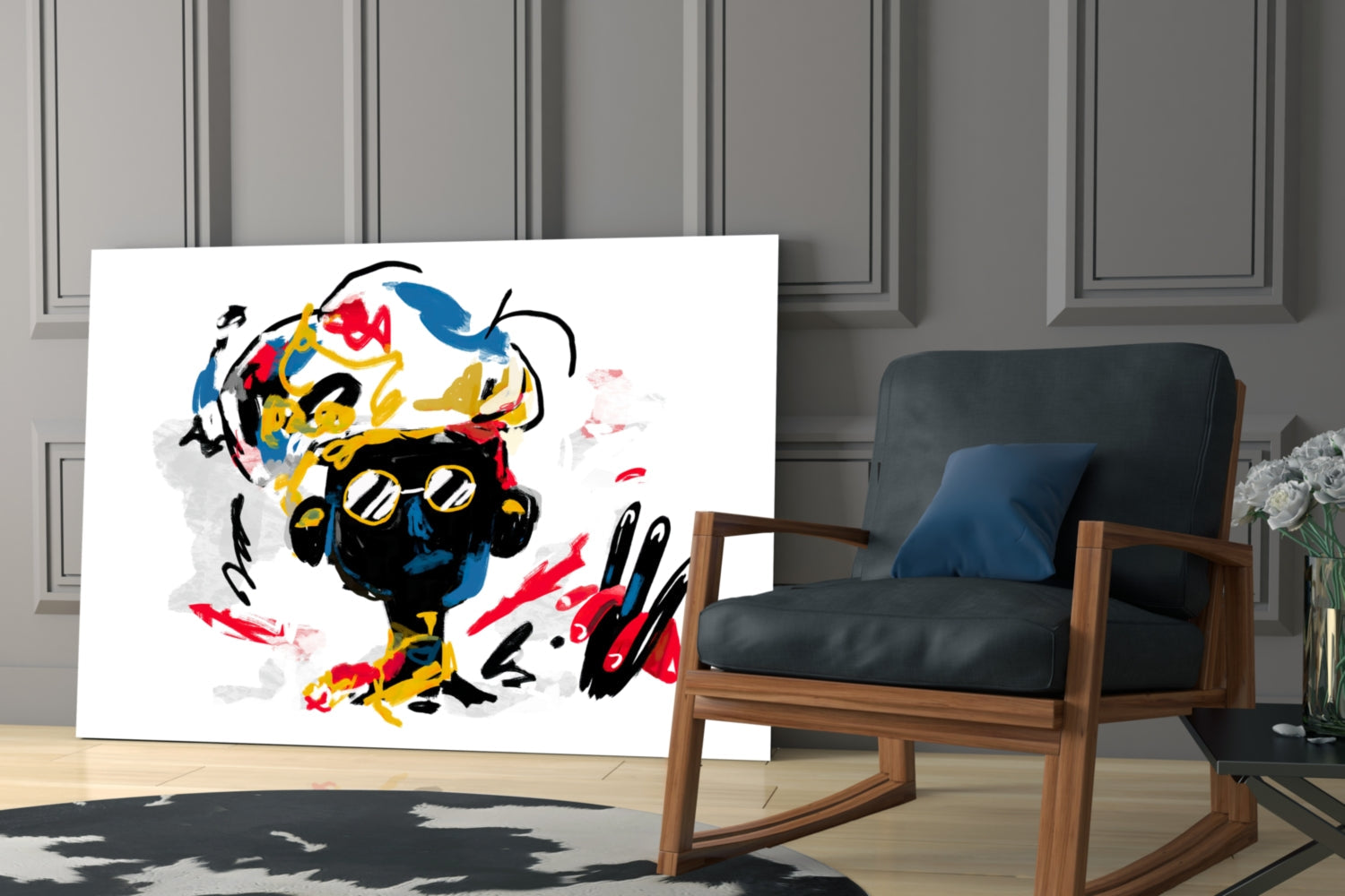 Abstract glass wall art featuring bold black, red, yellow, and blue brushstrokes displayed in modern living room setting.