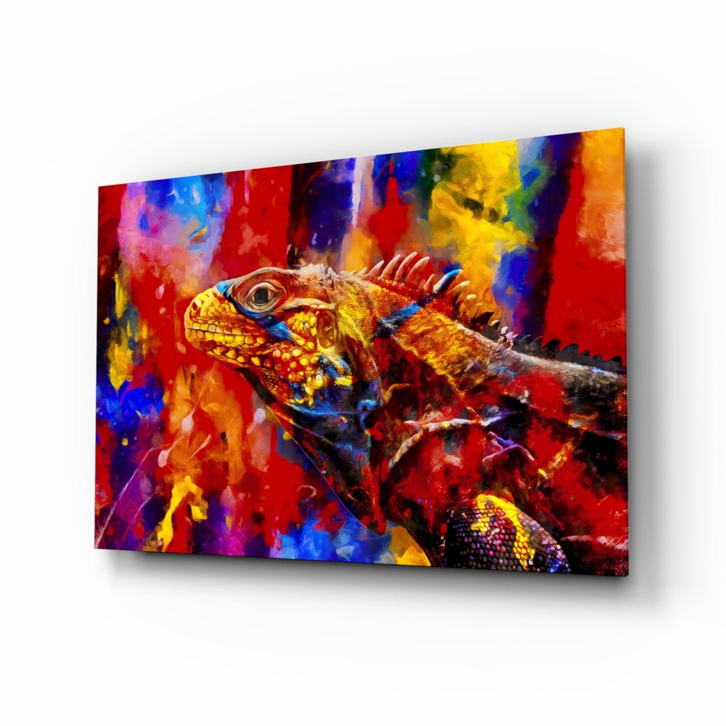 Vibrant Paint Splash Iguana Portrait Glass Wall Art