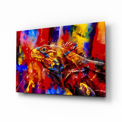Vibrant Paint Splash Iguana Portrait Glass Wall Art