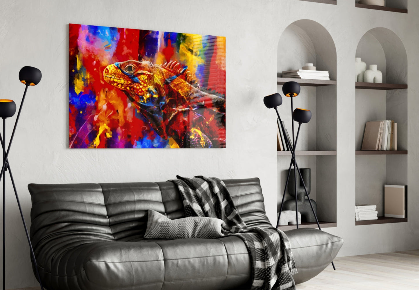 Vibrant Paint Splash Iguana Portrait Glass Wall Art