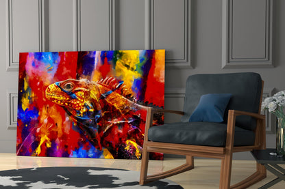 Vibrant Paint Splash Iguana Portrait Glass Wall Art