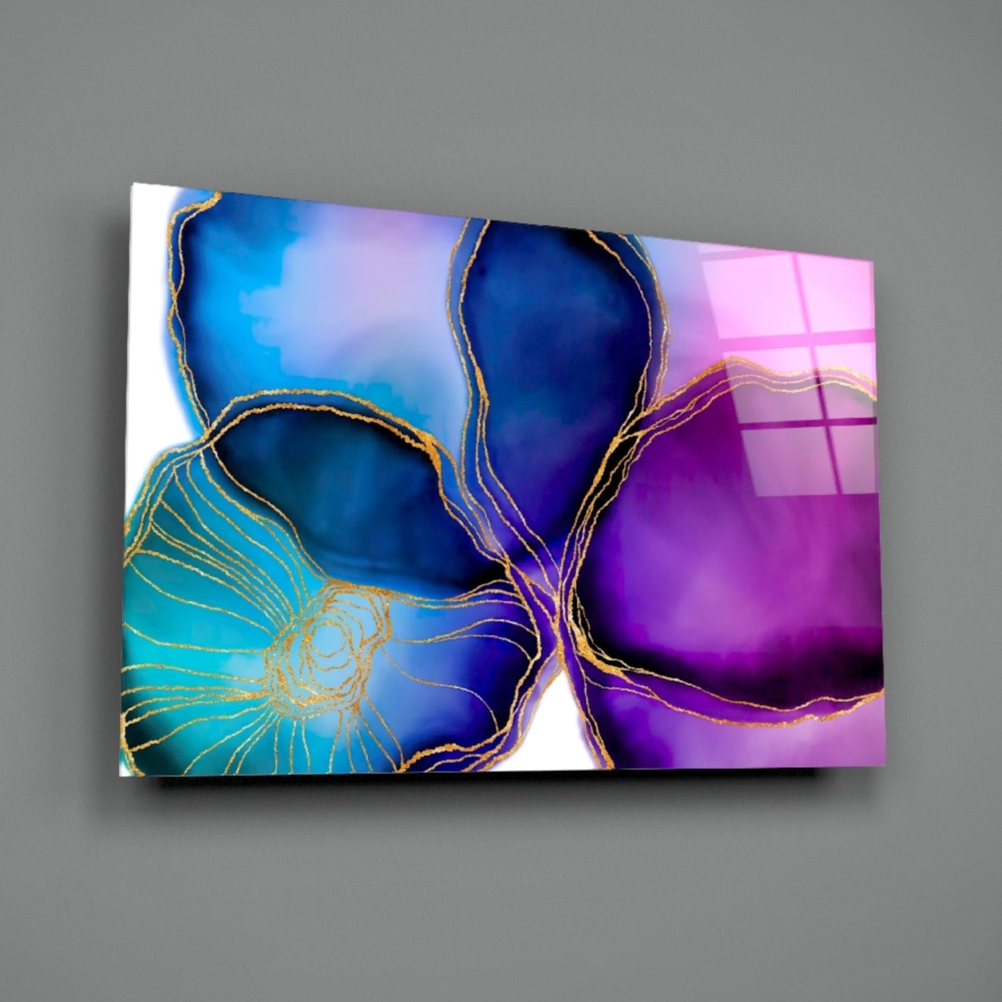 Purple Blue Gold Vein Marble Glass Wall Art