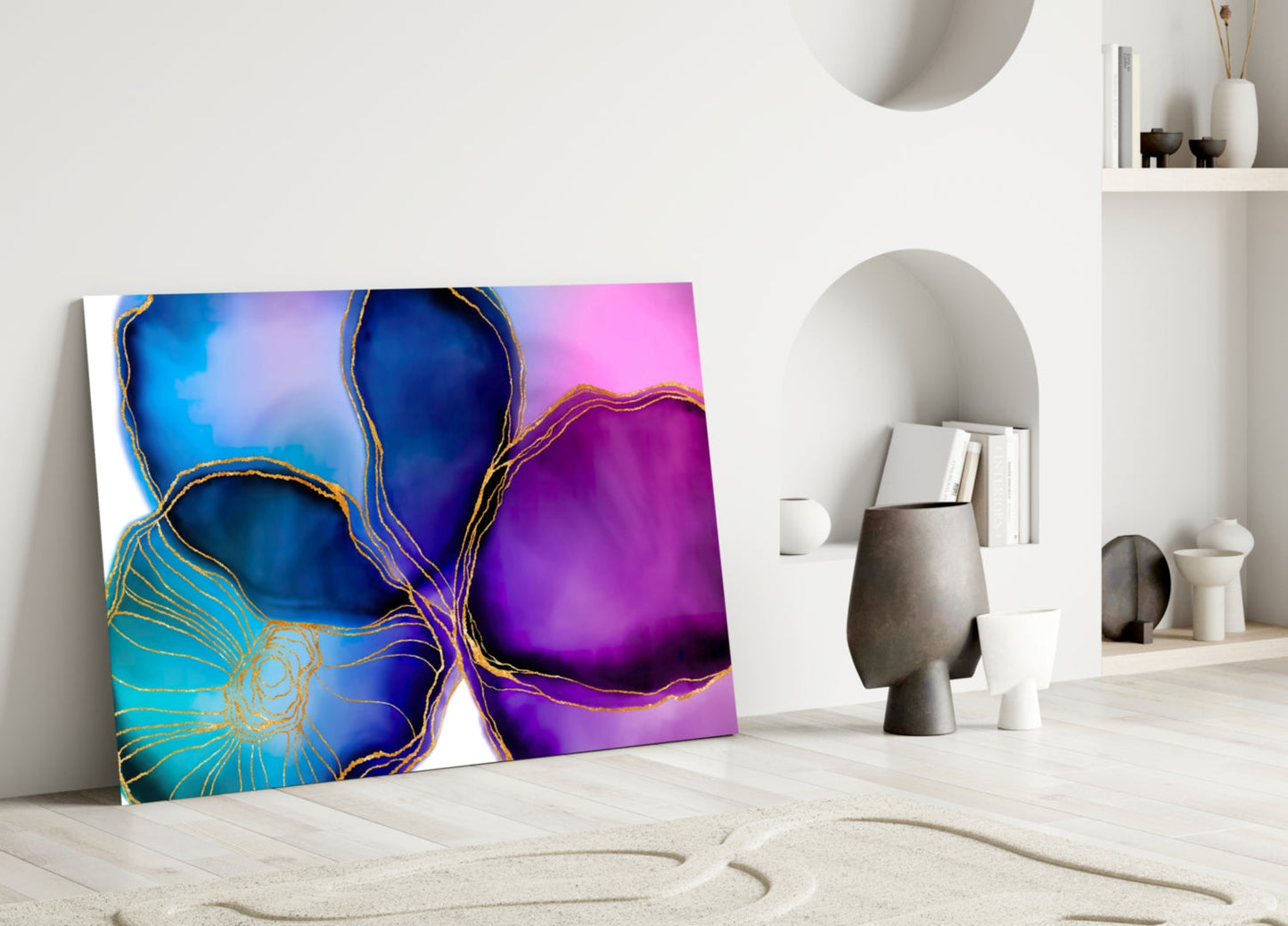 Purple Blue Gold Vein Marble Glass Wall Art
