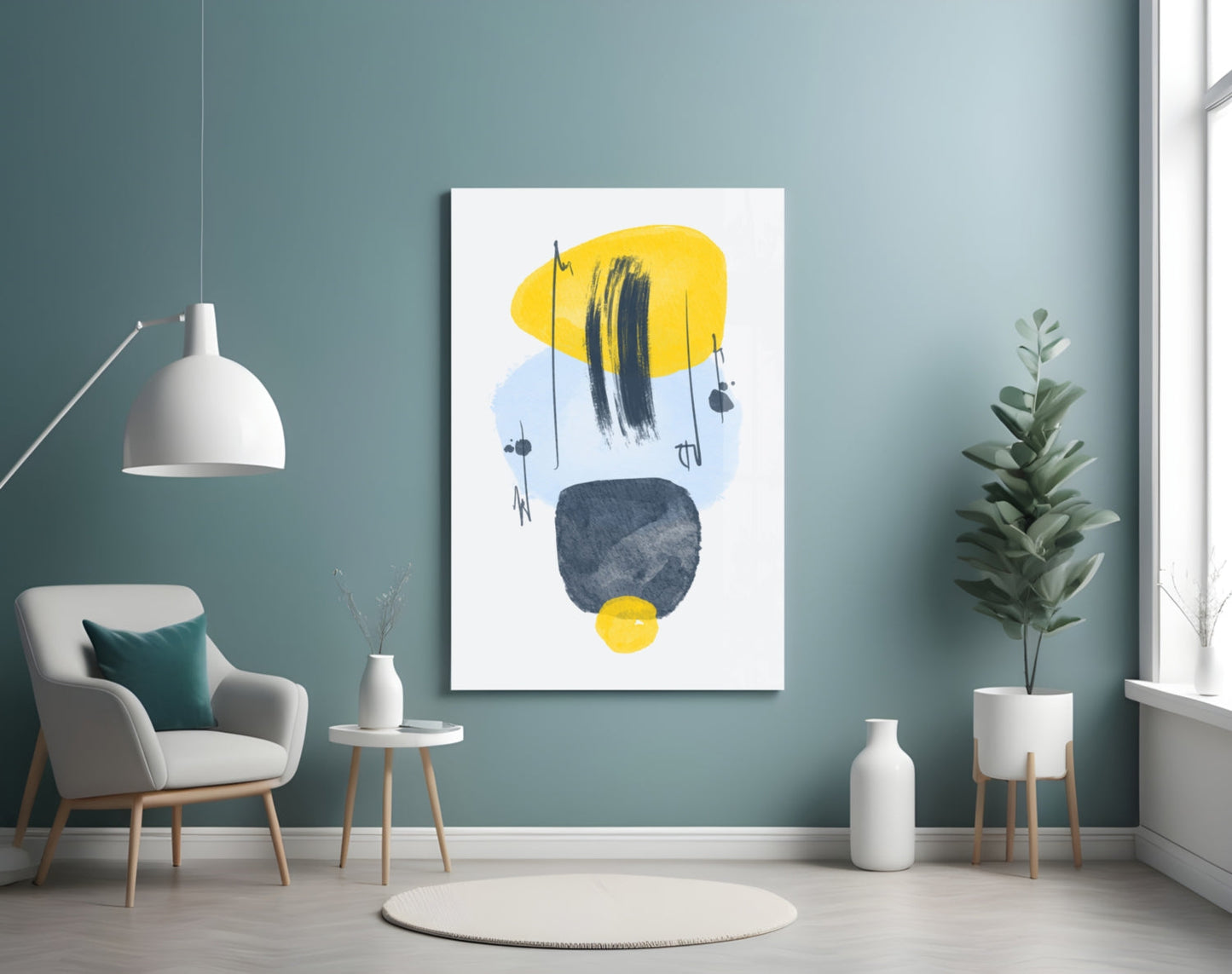 Yellow Blue Navy Brushstroke Glass Wall Art