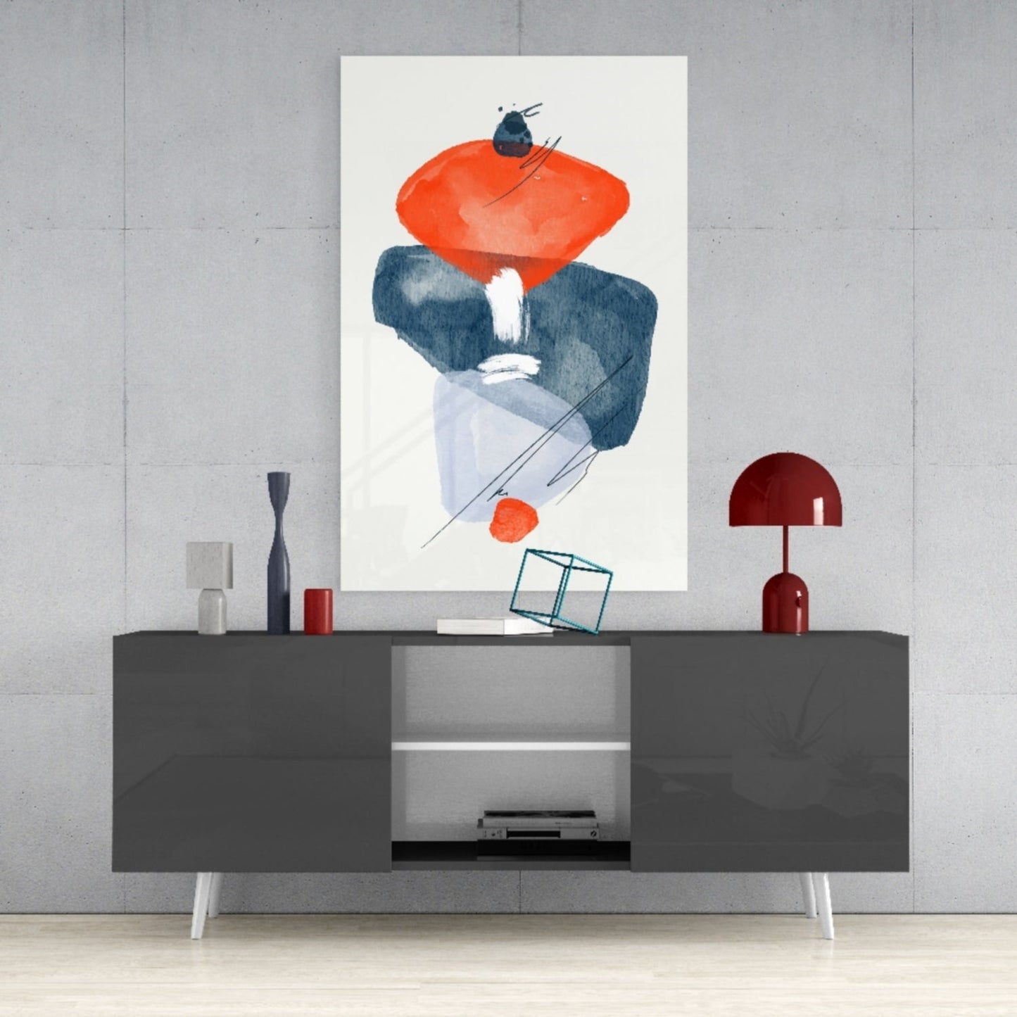 Orange Navy Watercolor Balance Glass Wall Art