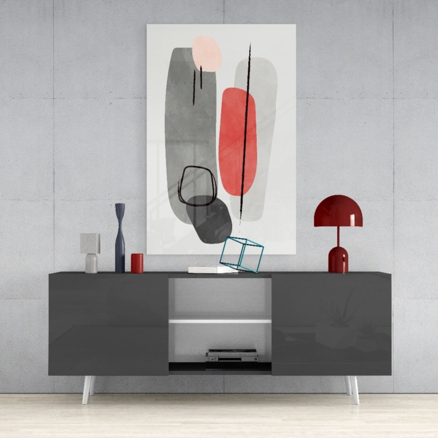 Grey Red Pebble Ovals Line Loops Glass Wall Art