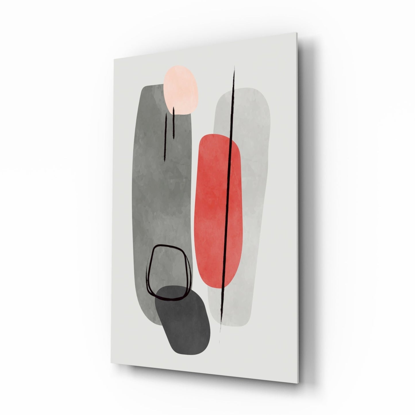 Grey Red Pebble Ovals Line Loops Glass Wall Art