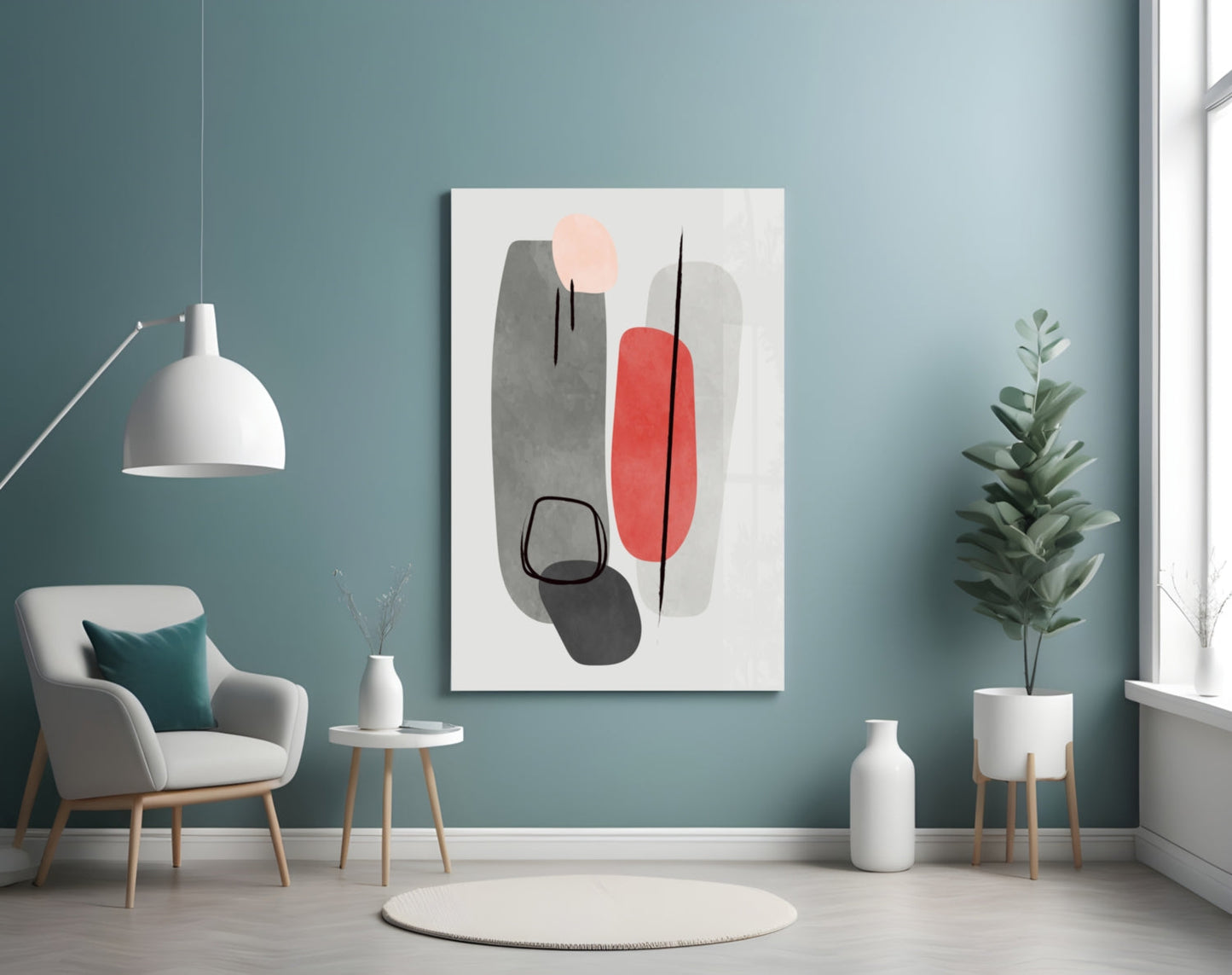 Grey Red Pebble Ovals Line Loops Glass Wall Art