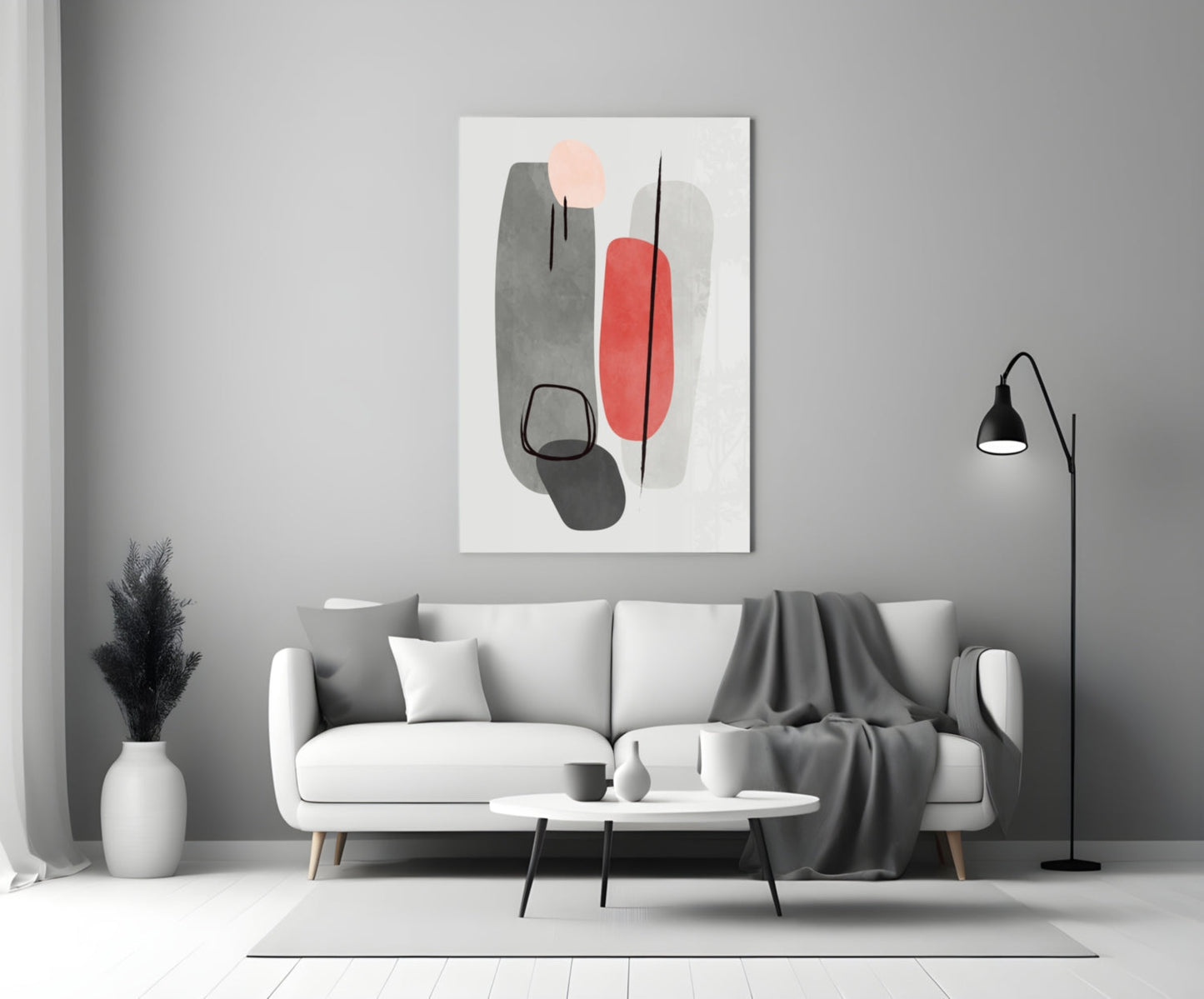 Grey Red Pebble Ovals Line Loops Glass Wall Art