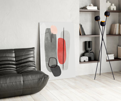 Grey Red Pebble Ovals Line Loops Glass Wall Art