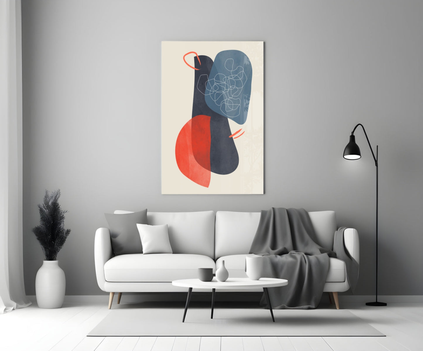 Navy Blue Red Scribble Blobs Glass Wall Art