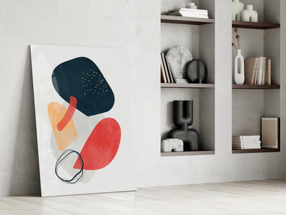 Bold Navy Red Mustard Shapes Glass Wall Art