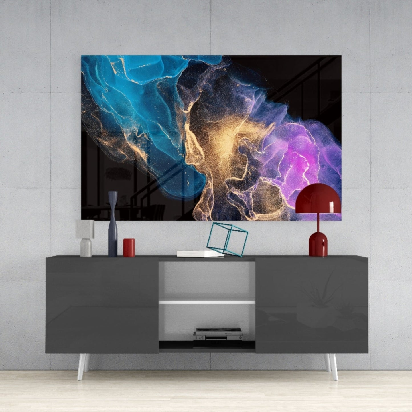 Teal Gold Purple Ink Burst Glass Wall Art