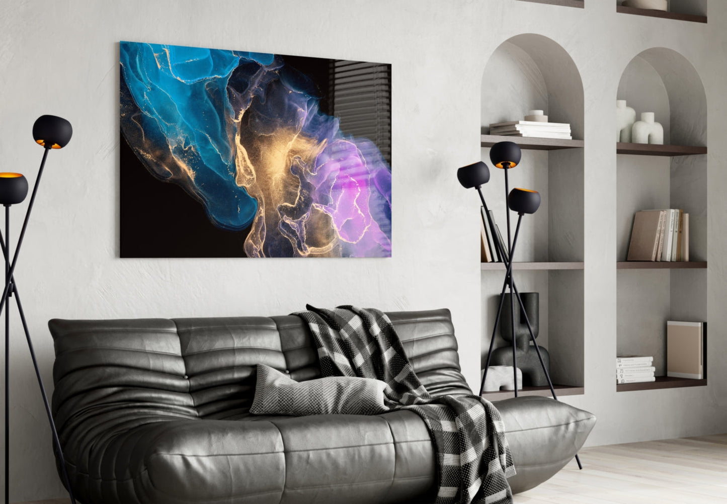 Teal Gold Purple Ink Burst Glass Wall Art