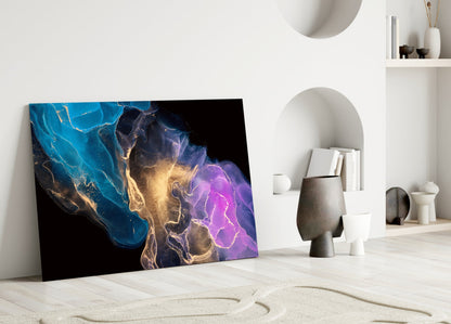 Teal Gold Purple Ink Burst Glass Wall Art
