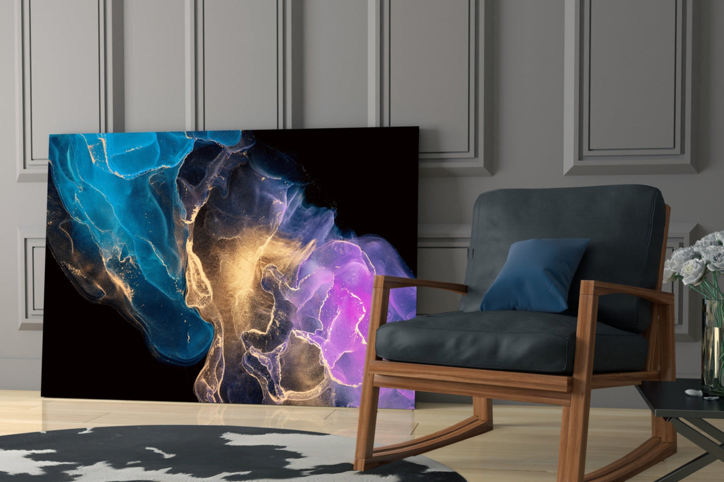 Teal Gold Purple Ink Burst Glass Wall Art