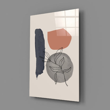 Navy Brush Leaf Grey Circle Glass Wall Art