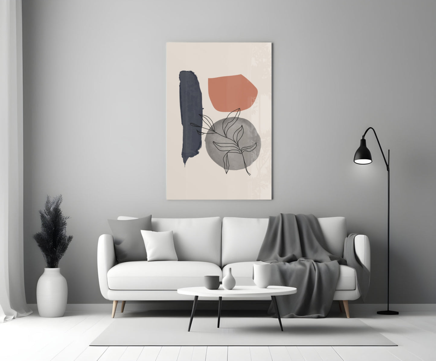 Navy Brush Leaf Grey Circle Glass Wall Art