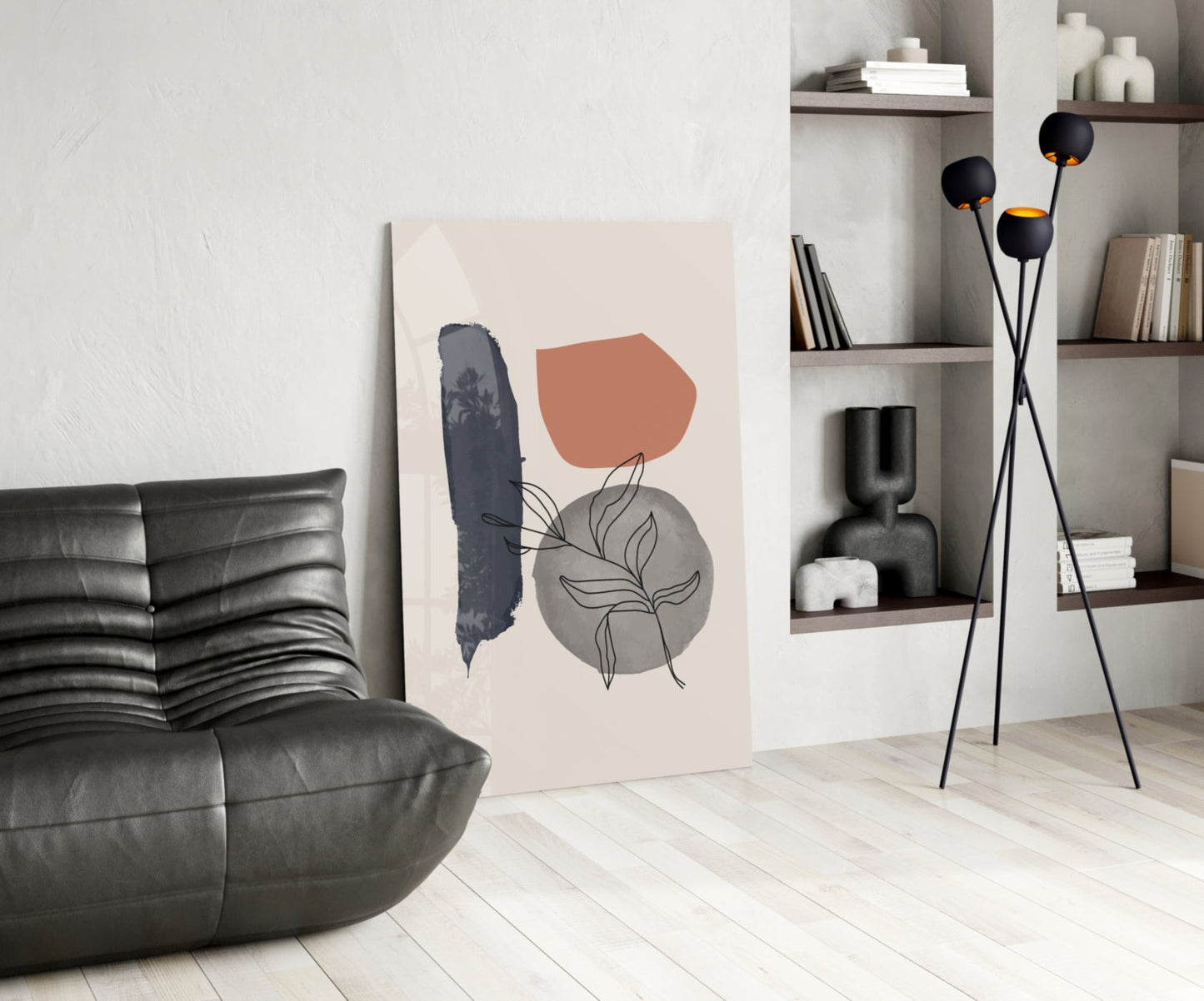Navy Brush Leaf Grey Circle Glass Wall Art