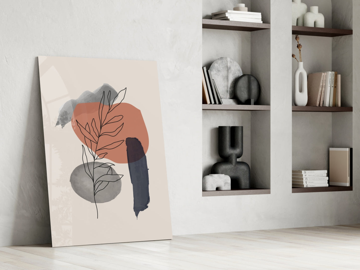 Botanical Leaf Terracotta Navy Shapes Glass Wall Art