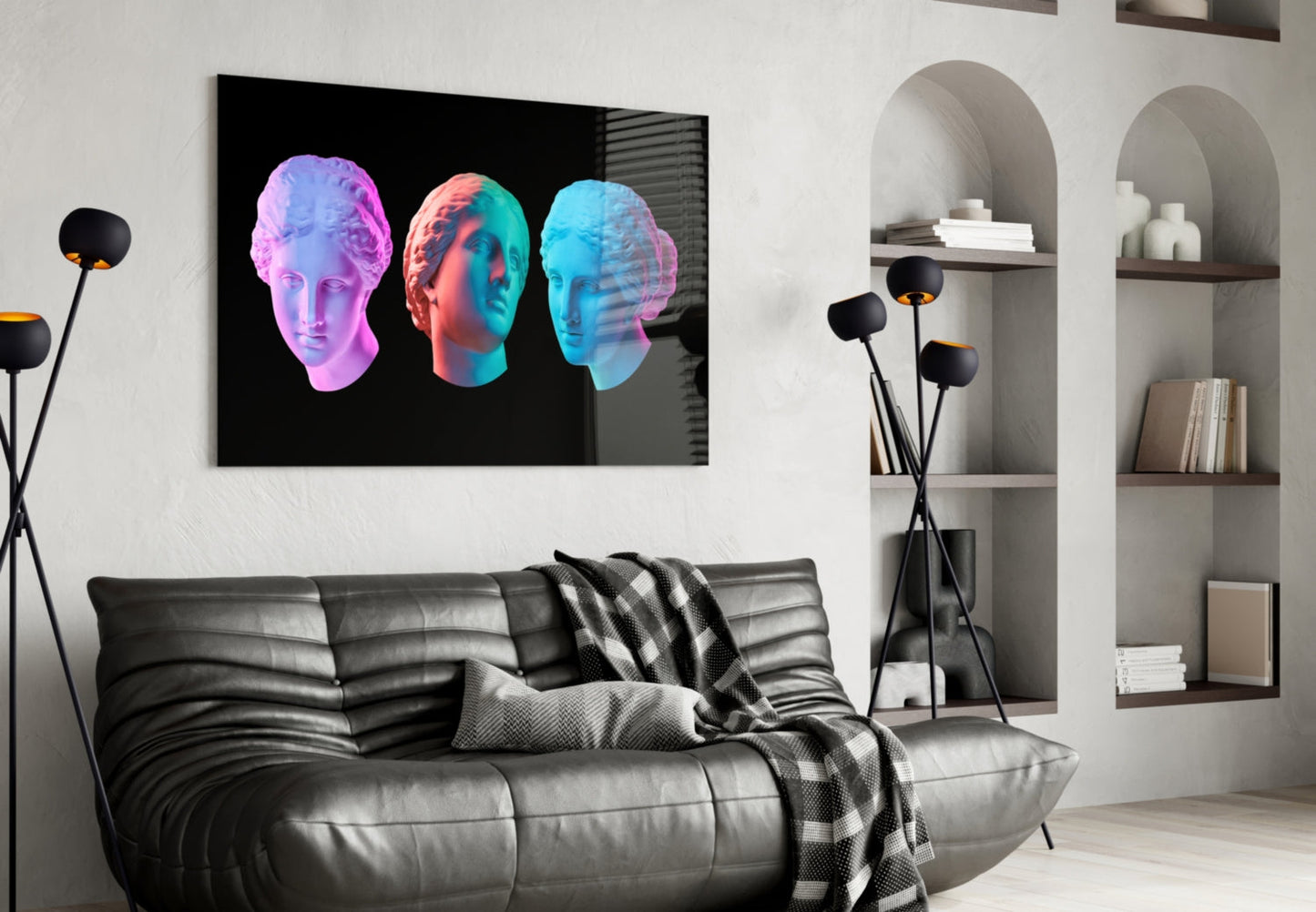 Neon Pastel Trio of Marble Busts Glass Wall Art