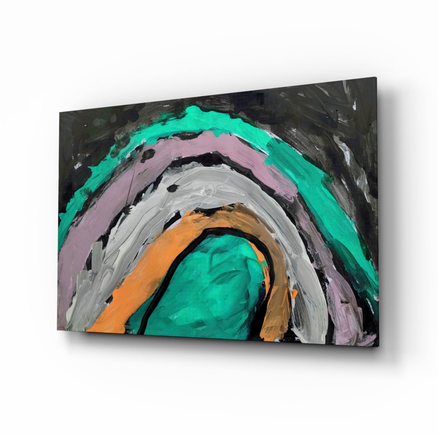 Abstract concentric arcs in turquoise, pink, gray, and orange painted on dark glass panel, angled perspective view.