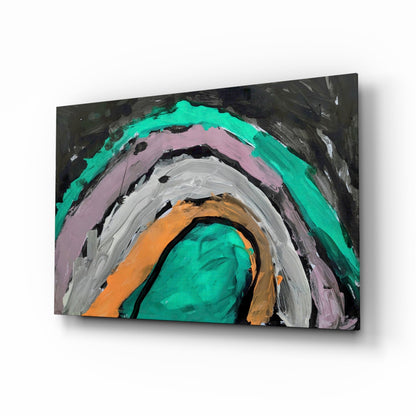Abstract concentric arcs in turquoise, pink, gray, and orange painted on dark glass panel, angled perspective view.