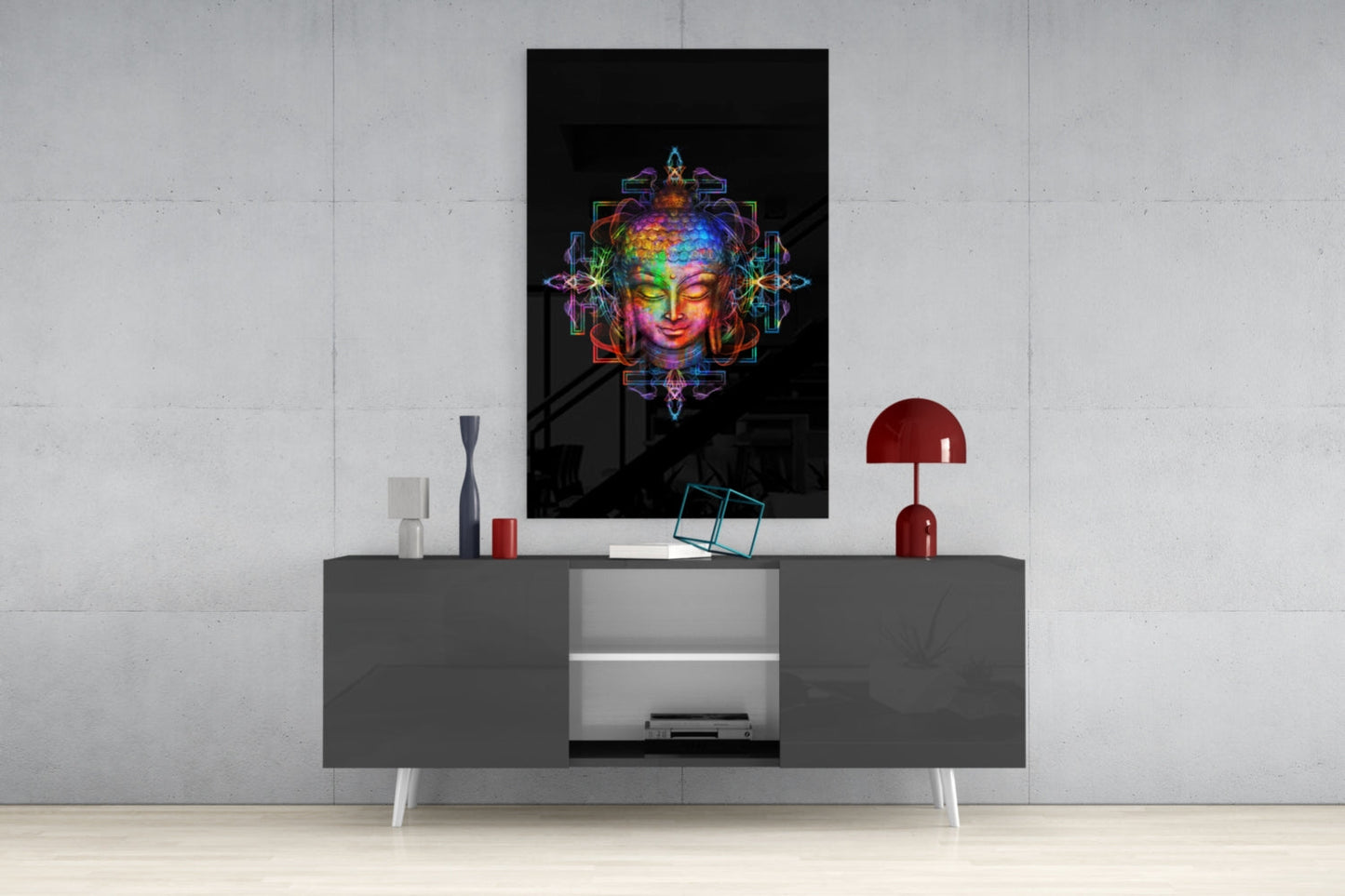Neon Sacred Geometry Buddha Glass Wall Art