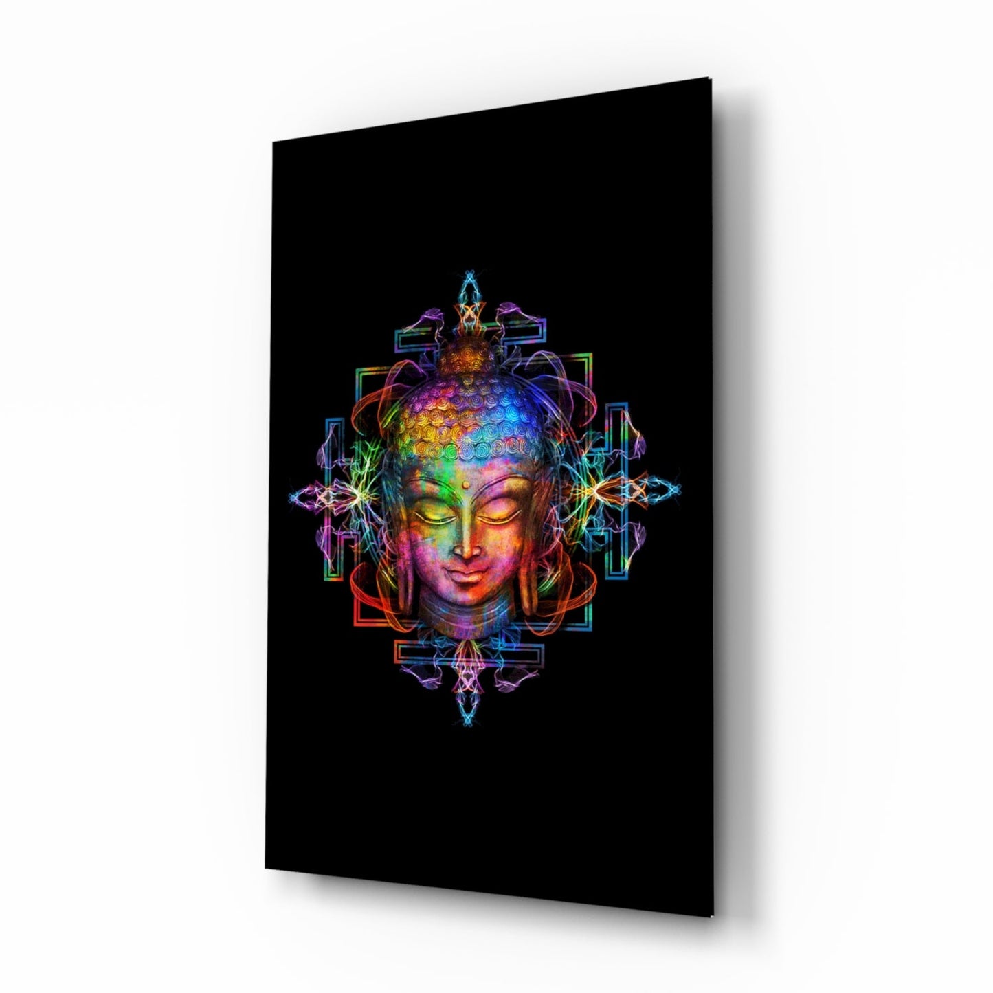 Neon Sacred Geometry Buddha Glass Wall Art