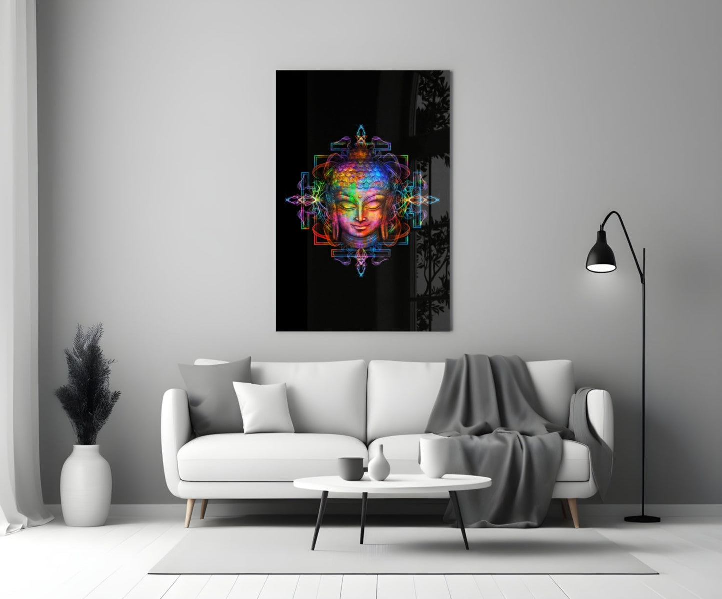 Neon Sacred Geometry Buddha Glass Wall Art