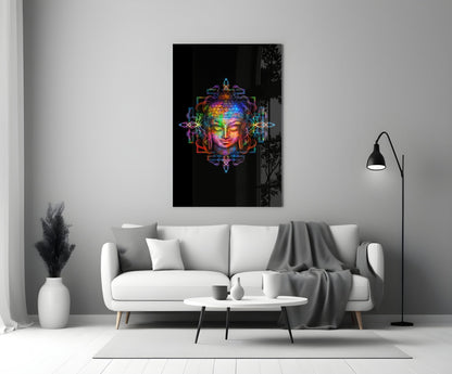 Neon Sacred Geometry Buddha Glass Wall Art