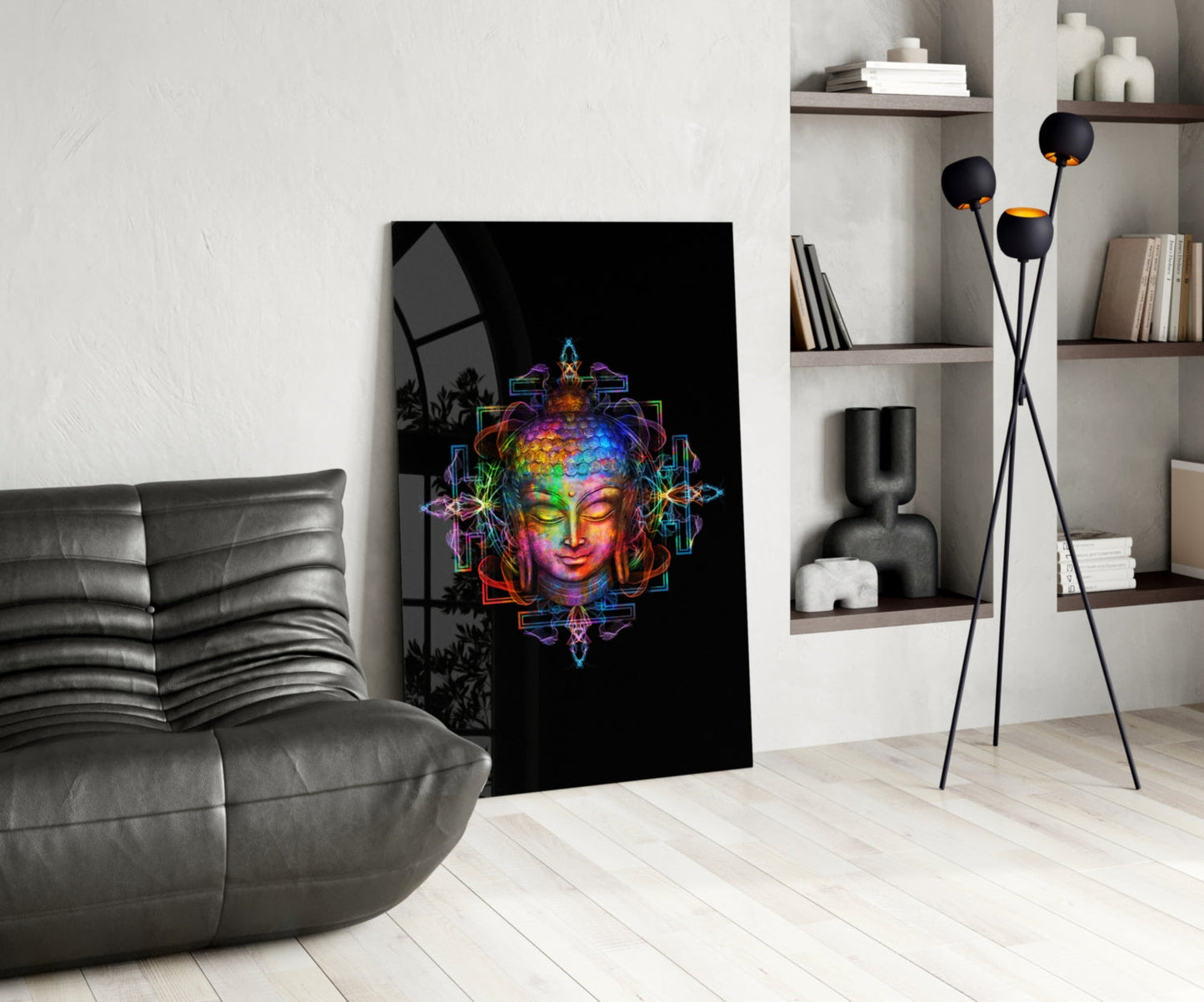 Neon Sacred Geometry Buddha Glass Wall Art