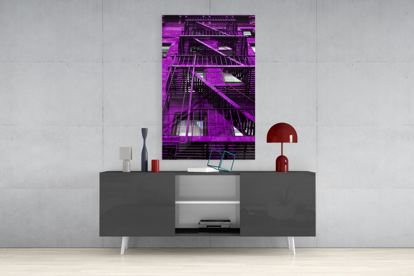 Purple Stairs Glass Wall Art displayed above gray media console in modern interior setting with red lamp and decorative objects.