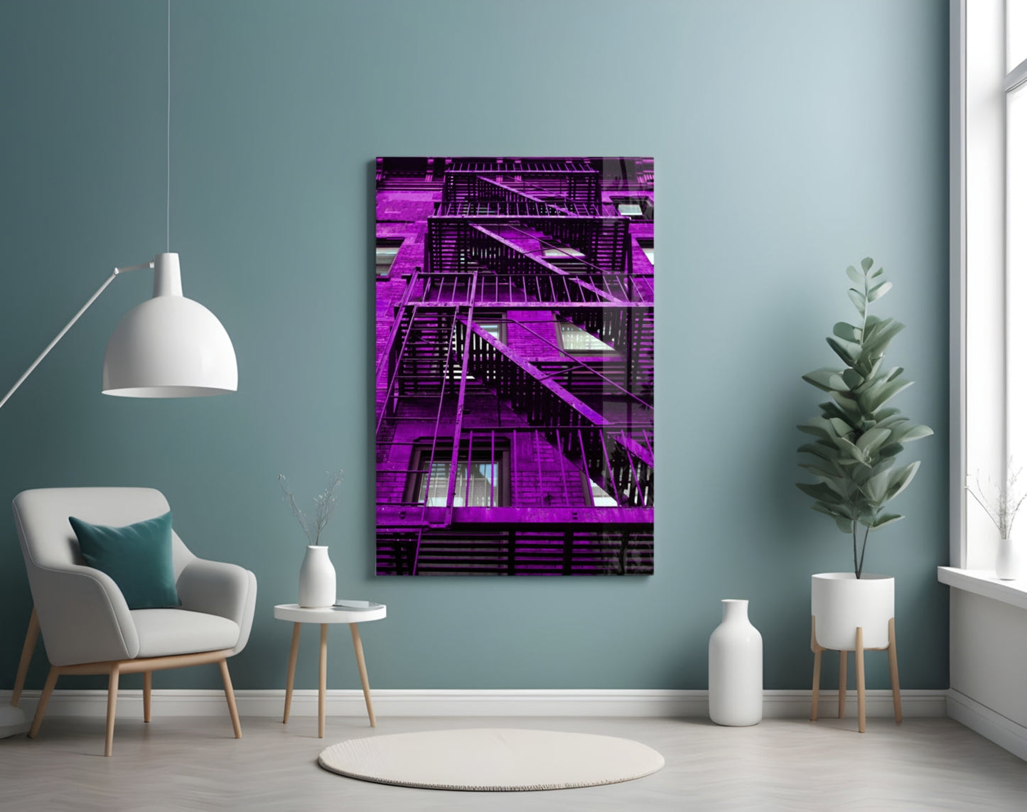 Purple Stairs Glass Wall Art displayed on teal wall above white chair in modern living room setting.