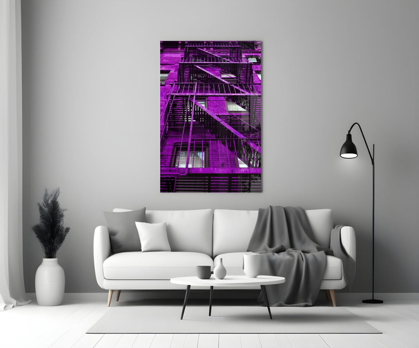 Purple Stairs Glass Wall Art displayed above white sofa in modern living room setting with black floor lamp and decorative vase.