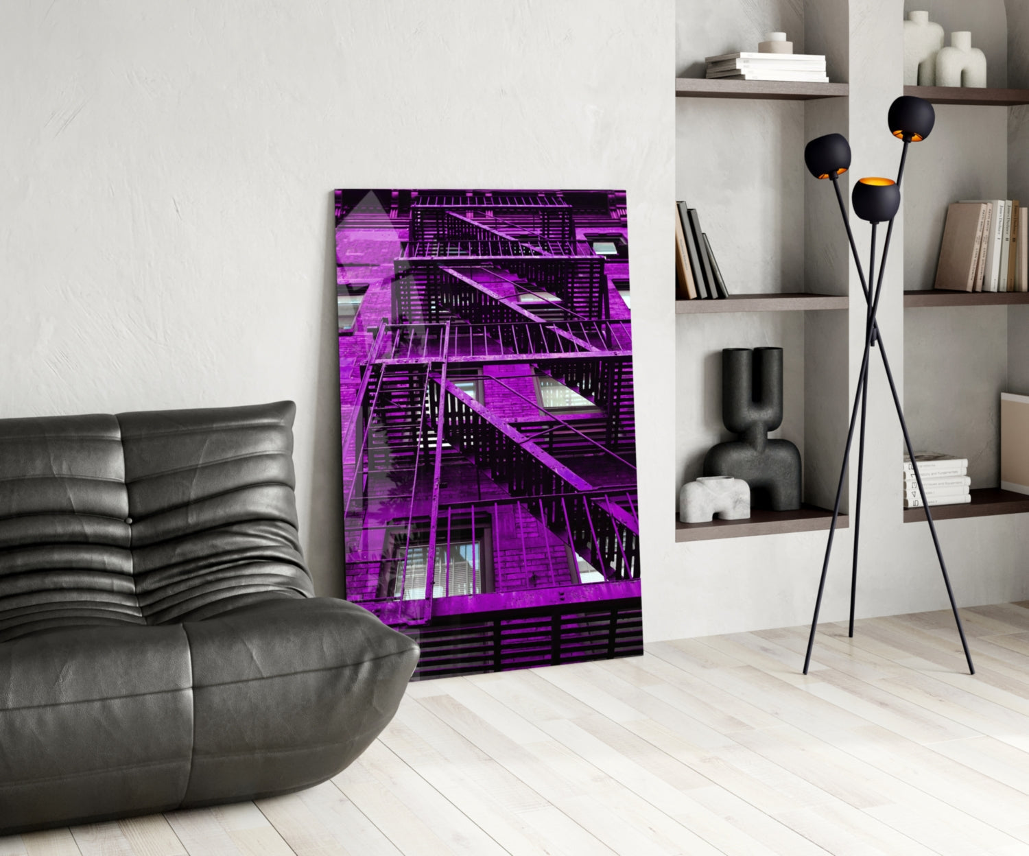 Purple Stairs Glass Wall Art displayed in modern living room with black leather chair, floor lamp, and white shelving unit.