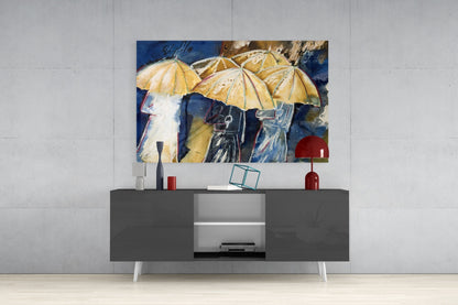 Watercolor Umbrella Crowd On Navy Glass Wall Art